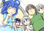  4girls ^_^ arm_hug belt black_pants blue_eyes blue_hair blush check_commentary closed_eyes commentary commentary_request dress expressive_clothes faceless faceless_male gaoo_(frpjx283) glaring gradient gradient_background green_shirt grey_hair hair_ornament hairpin hat japanese_clothes jiangshi jitome kaku_seiga kariginu konpaku_youmu looking_at_another love_triangle miyako_yoshika mononobe_no_futo multiple_girls no_eyes no_hairband no_hat no_headwear ofuda open_mouth outstretched_arms pants ponytail rectangular_mouth shadow shawl shirt short_sleeves simple_background standing star torn_clothes touhou vest white_hair zombie_pose 