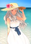  arm_behind_back day dress earrings flower grey_hair hand_on_headwear hat hat_flower hibiscus idolmaster idolmaster_(classic) jewelry light_smile long_hair looking_at_viewer mimizubare ocean pink_eyes ribbon sailor_collar shell shijou_takane sky solo sun_hat sundress white_dress 