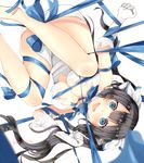  :d black_hair blue_eyes blue_ribbon breasts cleavage cleavage_cutout dungeon_ni_deai_wo_motomeru_no_wa_machigatteiru_darou_ka gloves hair_ribbon hestia_(danmachi) large_breasts long_hair narushima_kanna open_mouth rei_no_himo ribbon smile solo sweatdrop twintails upside-down 