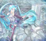  bad_id bad_pixiv_id blue_hair boots building cityscape detached_sleeves hatsune_miku long_hair midair miniskirt miturousoku nagoya_(city) necktie pleated_skirt real_world_location skirt skyscraper solo thigh_boots thighhighs twintails very_long_hair vocaloid 