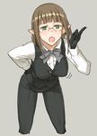  :o black_gloves breasts brown_hair commentary_request cowboy_shot cropped_legs dungeon_ni_deai_wo_motomeru_no_wa_machigatteiru_darou_ka eina_tulle elf formal glasses gloves green_eyes grey_background jpeg_artifacts large_breasts leaning_forward pant_suit pants pointing pointy_ears shoe-ji short_hair solo suit vest 