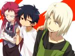  2boys ahoge angry apron ashiya_shirou black_hair blonde_hair bow bowtie braid crossed_arms evil_smile formal green_eyes hand_on_shoulder hataraku_maou-sama! long_hair maou_sadao multiple_boys office_lady pocho pointing red_hair shirt skirt_suit smile solid_circle_eyes suit sweat sweatdrop t-shirt yusa_emi 