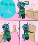  &lt;3 anthro anthrofied black_skin blue_hair breasts changeling clothed clothing comic english_text fangs female friendship_is_magic green_eyes hair half-closed_eyes honas007 horn inside my_little_pony no_pupils queen_chrysalis_(mlp) solo teeth text 