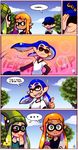  1boy 2girls :t alternate_hairstyle baseball_cap beanie blue_hair blush clementine_lanark comic daisy_valencay dark_skin domino_mask english fabulous fang finger_gun green_eyes green_hair hair_flip hat hat_removed headwear_removed highres inkling mask multiple_girls pointy_ears red_eyes splatoon_(series) splatoon_1 spoken_ellipsis stifled_laugh tamarinfrog tentacle_hair whinter_castello 