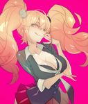  :q blonde_hair blue_eyes breast_hold breasts cleavage danganronpa danganronpa_1 enoshima_junko hair_ornament huge_breasts long_hair looking_at_viewer pink_background simple_background smile solo spoilers tongue tongue_out upper_body zuizi 