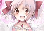  :d blush bow choker drawr hair_bow kaname_madoka looking_at_viewer mahou_shoujo_madoka_magica open_mouth outstretched_arms pink_hair red_bow red_eyes riyuko3 smile solo upper_body 