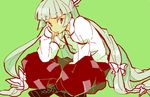  bangs blouse crossed_legs drawr fujiwara_no_mokou green_background hair_ribbon hand_on_own_face hunched_over long_hair looking_away looking_to_the_side moke_(gaton) pants red_eyes ribbon sitting solo suspenders touhou white_hair 
