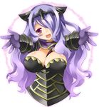  armor black_armor breasts camilla_(fire_emblem_if) cleavage fire_emblem fire_emblem_if hair_over_one_eye large_breasts long_hair momosemocha outstretched_arms purple_eyes purple_hair solo 