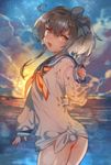  ass bare_legs bottomless cowboy_shot dress grey_eyes grey_hair hairband kantai_collection long_sleeves looking_at_viewer open_mouth protected_link sailor_dress school_uniform serafuku short_hair short_hair_with_long_locks sleeves_past_wrists solo tokitsukaze_(kantai_collection) twilight zuizi 