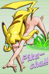  all_fours alternate_costume ass blonde_hair blue_eyes blush_stickers breasts electricity gen_1_pokemon highres large_breasts long_hair mr_h.l. nipples nude personification pikachu pikachu_ears pikachu_tail pokemon pokemon_ears puffy_nipples running solo tail 