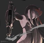  akemi_homura akuma_homura beretta_92 black_hair breasts drawr gun handgun holding holding_weapon long_hair mahou_shoujo_madoka_magica mahou_shoujo_madoka_magica_movie nao-08 pink_eyes ribbon small_breasts smoke smoking_gun solo spoilers weapon 