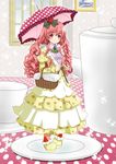  dress food food_themed_clothes food_themed_hair_ornament fruit hair_ornament highres looking_at_viewer original over_shoulder personification picnic_basket pink_hair pink_legwear plate pocketland red_eyes shoes smile solo strawberry strawberry_hair_ornament strawberry_shortcake umbrella window yellow_dress yellow_footwear yukion 