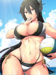  abs ball beachball bikini breasts cleavage commentary_request day headgear ikeshita_moyuko kantai_collection large_breasts long_hair nagato_(kantai_collection) navel nipple_slip nipples red_eyes swimsuit toned whistle 