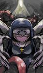  closed_eyes cross cross_necklace double_(skullgirls) habit intestines jewelry light_brown_hair necklace nun short_hair skullgirls smile solo tentacles toi_(toiot) 