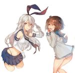  ;d alternate_hair_color bangs black_panties brown_eyes brown_hair cropped_legs dress elbow_gloves from_behind gloves grey_hair hair_ribbon headgear highleg highleg_panties kantai_collection long_hair looking_at_viewer looking_back lowres midriff multiple_girls navel one_eye_closed open_mouth panties ribbon sailor_dress salute school_uniform serafuku shimakaze_(kantai_collection) skirt smile underwear very_long_hair white_background white_gloves white_legwear yukikaze_(kantai_collection) zuizi 