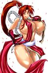  1girl areola_slip areolae breasts fan fatal_fury huge_breasts knot no_bra ponytail rope shiranui_mai simple_background snk solo wakamoto_ero_mondo_tadao 