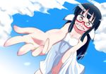  bare_shoulders bent_over black_hair blush breasts cleavage cloud cloudy_sky day dress fish_girl glasses great_white_shark head_fins highres hime_cut long_hair medium_breasts obyaa outstretched_hand samejima_natsuno shark_girl sharp_teeth shinkaigyo_no_anko-san sky sundress teeth 