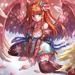  arm_support bad_id bad_pixiv_id bare_shoulders blue_eyes braid eyebrows eyebrows_visible_through_hair feathers heterochromia highres long_hair looking_at_viewer miazi orange_hair original red_eyes sitting smile solo two_side_up wariza wings 