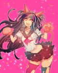  :d animal_ears aqua_legwear asymmetrical_legwear black_hair cat_ears cat_paws cowboy_shot danganronpa long_hair midriff mioda_ibuki multicolored_hair open_mouth paws pink_background pink_eyes pink_hair pink_legwear school_uniform serafuku short_sleeves skirt smile solo stitches super_danganronpa_2 thighhighs two-tone_hair very_long_hair zuizi 