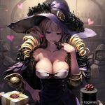  1girl 2boys bangs black_fur blonde_hair blunt_bangs bow breasts buttons character_request cleavage copyright_request cygames drill_hair eating elbow_pads erect_nipples gift hand_on_hip hat heart helmet indoors knight large_breasts lena_(zoal) liquor looking_to_the_side multiple_boys official_art ribbon shaded_face standing tavern twin_drills visor_(armor) witch witch_hat 