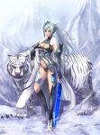  animal armor breasts cat closed_mouth female gauntlets hair_ornament holding holding_sword holding_weapon jewelry long_hair looking_at_viewer midriff navel original ponytail smile solo sword weapon white_hair yazuo yazuwo 