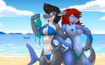  2015 anthro beach bikini black_hair breasts clothing duo female fish grin hair marine nipples red_hair sea seaside shark swimsuit thong water xaenyth 