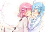  ahoge aoi_(houkago_no_pleiades) blue_eyes blue_hair blush closed_eyes eating hirose_madoka houkago_no_pleiades jacket multiple_girls pink_hair school_uniform short_hair simple_background smile subaru_(houkago_no_pleiades) yuri 