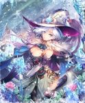  1girl blue_eyes breast_tattoo breasts cape cleavage copyright_name cowboy_shot cygames elbow_gloves fur_trim gloves hat ice icicle large_breasts looking_at_viewer shadowverse short_hair silver_hair snowflakes snowing solo tattoo teddy_(khanshin) witch_hat 