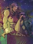  abs bad_id bad_pixiv_id battle_tendency earrings from_below hair_tie headband highres horns jewelry jojo_no_kimyou_na_bouken kars_(jojo) long_hair muscle night night_sky pakira_(trrrrrrlrrr) purple_hair red_eyes shin_guards sitting sky star_(sky) starry_sky wristband 