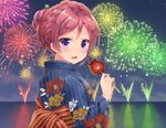  braid candy_apple commentary_request fireworks food hair_bun hair_ornament hair_stick hair_up holding japanese_clothes kimono looking_at_viewer love_live! love_live!_school_idol_project nishikino_maki obi purple_eyes red_hair reflection sakurai_makoto_(custom_size) sash solo water yukata 