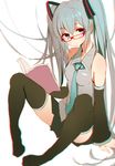  aqua_eyes aqua_hair bad_id bad_pixiv_id bespectacled book detached_sleeves erolcy glasses hair_ribbon hatsune_miku highres long_hair necktie ribbon simple_background sitting solo thighhighs twintails vocaloid white_background zettai_ryouiki 