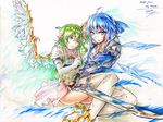  angry black_gloves blood blood_on_face blue_eyes blue_hair character_name cirno commentary daiyousei elbow_gloves english fairy_wings feathered_wings fingerless_gloves freeze-ex gloves green_eyes green_hair ice ice_wings knight long_legs marker_(medium) multiple_girls protecting serious sword thighhighs thighs tiara touhou traditional_media weapon white_gloves wings 
