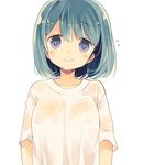  blue_hair breasts collarbone commentary covered_nipples flying_sweatdrops hair_between_eyes large_breasts nipples no_bra original purple_eyes see-through shirt short_hair short_sleeves simple_background smile solo t-shirt upper_body white_background white_shirt yuzuki_gao 