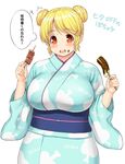  alternate_hairstyle banana blonde_hair blush breasts chocolate_banana double_bun ears food fruit headphones huge_breasts japanese_clothes kimono looking_at_viewer nitroplus open_mouth orange_eyes plump short_hair simple_background solo super_pochaco translated tsuji_santa white_background yukata 