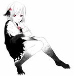  barefoot black_dress black_skin bright_pupils dress expressionless fingernails greyscale hair_ornament hairpin igyouhime looking_at_viewer monochrome puffy_short_sleeves puffy_sleeves red_eyes rumia sharp_fingernails sharp_toenails short_hair short_sleeves solo spot_color toenails torn_clothes touhou white_pupils 
