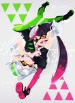  2girls ;d aori_(splatoon) character_name detached_collar domino_mask dress earrings etsuo fangs food food_on_head gloves hair_rings highres hotaru_(splatoon) jewelry long_hair mask mole mole_under_eye multiple_girls object_on_head one_eye_closed open_mouth orange_eyes pantyhose purple_hair purple_legwear short_hair short_jumpsuit silver_hair smile splatoon_(series) splatoon_1 strapless strapless_dress symbol-shaped_pupils upside-down 