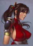  armlet armor bangs belt black_hair breasts covered_nipples eyebrows eyelashes from_side grey_background hair_ornament halterneck high_ponytail large_breasts lips long_hair ninja no_bra nose pauldrons ponytail realistic red_eyes sideboob sidelocks signature simple_background skin_tight solo soulcalibur taki_(soulcalibur) turtleneck unitard upper_body warren_louw 