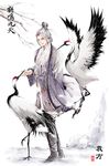  bird boots branch chinese_clothes crane_(animal) full_body hair_bun hanfu kyanite ravages_of_time robe snow white_hair yuan_fang 