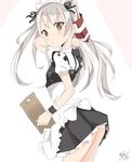  alternate_costume amatsukaze_(kantai_collection) apron arm_behind_head artist_name bad_id bad_pixiv_id brown_eyes commentary_request cuffs enmaided hair_ornament hair_ribbon hair_tubes hairband kanisaka_shizuku kantai_collection long_hair looking_at_viewer maid maid_apron maid_headdress ribbon signature silver_hair skirt solo two_side_up uniform white_background windsock wrist_cuffs wristband 