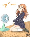  artist_name bad_id bad_pixiv_id blush brown_eyes fan glasses kanisaka_shizuku kantai_collection long_hair looking_up mochizuki_(kantai_collection) orange_hair school_uniform signature skirt skirt_lift solo uniform 