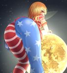  1girl adworse american_flag_dress american_flag_legwear arm_support ass bangs bent_over blonde_hair clownpiece dress eyebrows_visible_through_hair fairy_wings from_behind grey_background highres long_hair moon no_hat no_headwear pantyhose pink_eyes profile short_dress short_sleeves sky solo standing star star_(sky) star_print starry_sky striped touhou transparent_wings wings 