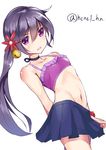  akebono_(kantai_collection) bell black_hair crop_top flower hair_bell hair_flower hair_ornament henet_hene jingle_bell kantai_collection long_hair looking_at_viewer midriff navel open_mouth purple_eyes side_ponytail skirt solo swimsuit very_long_hair 