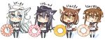  akatsuki_(kantai_collection) anchor_symbol animal_ears bad_id bad_twitter_id black_legwear black_skirt brown_eyes brown_hair cat_ears cat_tail catchphrase commentary_request dog_ears dog_tail fang flat_cap folded_ponytail grey_eyes hammer_and_sickle hat hibiki_(kantai_collection) highres ikazuchi_(kantai_collection) inazuma_(kantai_collection) kantai_collection kemonomimi_mode kneehighs long_hair looking_at_viewer multiple_girls nanodesu_(phrase) neckerchief nonono_(mino) open_mouth pantyhose pleated_skirt ponytail purple_eyes school_uniform serafuku short_sleeves silver_hair skirt smile tail thighhighs translated verniy_(kantai_collection) 