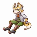  anthro belt black_eyes black_nose boots brown_fur canine clothing fingerless_gloves footwear fox fox_mccloud fur gloves green_eyes headset jacket male mammal nintendo plain_background scarf solo star_fox unknown_artist video_games white_fur 