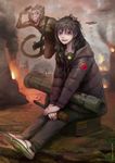  aircraft airplane black_hair bomb bomber commentary explosion goggles goggles_around_neck gun military military_vehicle monkey original pale_skin parka red_eyes rocket_launcher sharp_teeth shoes sitting sneakers submachine_gun teeth war weapon woorona 