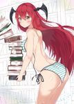  ass bare_back bikini blush book_stack bookshelf breasts carrying emushake falling head_wings highres koakuma large_breasts long_hair red_eyes red_hair side-tie_bikini solo striped swimsuit touhou untied untied_bikini 