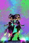  2015 abstract_background amber_eyes black_hair callie_(splatoon) cephalopod clothed clothing dress duo ear_piercing female footwear gloves hair hat humanoid inkling looking_at_viewer marie_(splatoon) marine microphone nintendo one_eye_closed open_mouth piercing pointy_ears sharp_teeth shoes singing splatoon squid teeth tentacle_hair tentacles valcron video_games yellow_eyes 