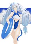  bare_shoulders blue_eyes character_request closed_mouth diving_mask female gradient gradient_background kanden long_hair looking_at_viewer one-piece_swimsuit smile solo swimsuit twintails underboob very_long_hair white_hair 