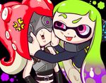 :o :p anger_vein belt black_background black_gloves breastplate domino_mask gloves goggles gradient_hair green_hair hands_on_another's_cheeks hands_on_another's_face headgear inkling kabyu long_hair long_sleeves mask multicolored_hair multiple_girls octarian open_mouth purple_eyes purple_hair red_hair smile splatoon_(series) splatoon_1 squidbeak_splatoon takozonesu tongue tongue_out uneven_eyes upper_body 
