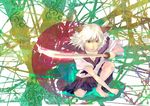  animal_ears bare_legs barefoot brown_eyes feet fighting_stance katana multicolored multicolored_background original school_uniform serafuku sword weapon white_hair 